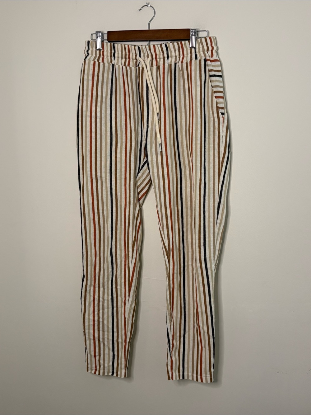 Max Studio Wide Leg Crop Linen Large Striped Pull on Pants Fall Boho